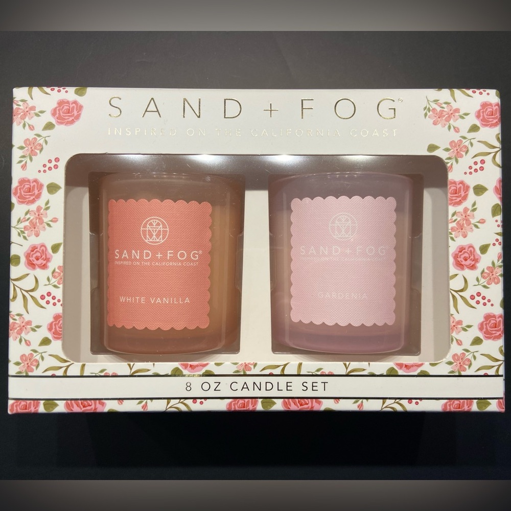 Sand + Fog, 2pc White Vanilla and Gardenia Candle Set, 8oz ea. - NEW in gift box